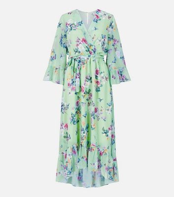 Yumi Mint Green Floral Dip Hem Midaxi Wrap Dress | New Look